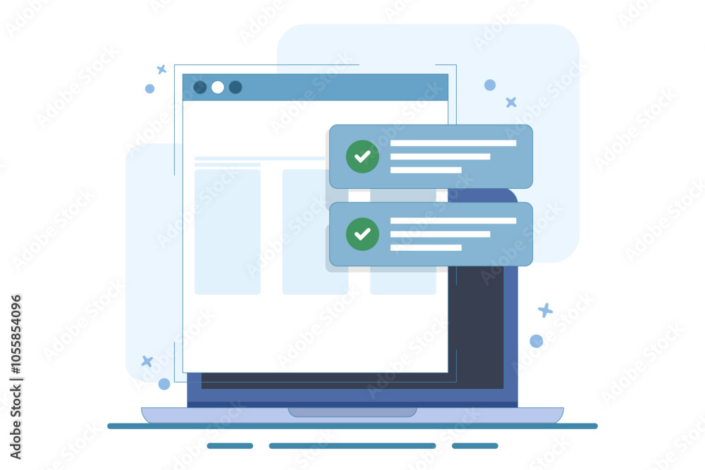 Poster website success notification concept with check mark, web updated task list with check mark on lapto