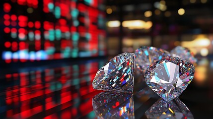A stock market ticker in the background with diamonds displayed on a sleek table in the foreground