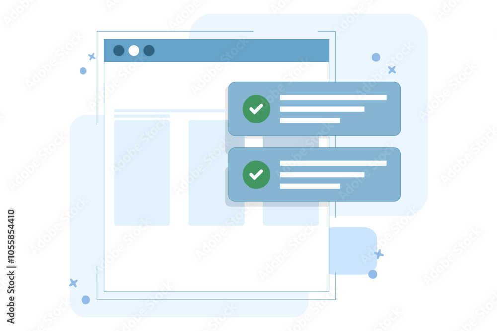 Poster website success notification concept with check mark, web updated task list with check mark on lapto