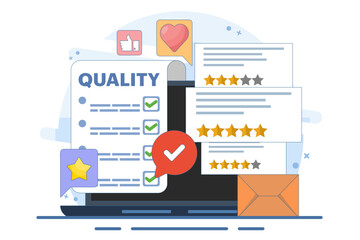 Quality control concept implementing quality control process. quality control or approval, assurance checklist document, assurance concept, company policy or compliance. flat vector illustration.