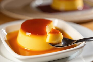 Creamy caramel flan dessert with rich sauce in elegant dining setting.