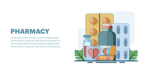 Medical concept. Medicines. Pharmacy web banner. Health and pharmacy, sale of medicines. Flu, cough and cold medicine, medicinal syrup, throat spray, tablets, capsules. Flat vector illustration.