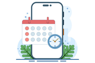Planning app concept on screen. Planning schedule and calendar. Time management, work planning app. Calendar, schedule, appointment. Flat vector illustration on background.