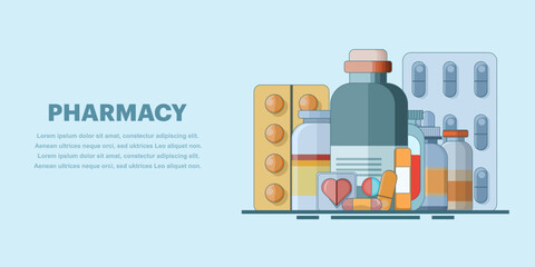 Medical concept. Medicines. Pharmacy web banner. Health and pharmacy, sale of medicines. Flu, cough and cold medicine, medicinal syrup, throat spray, tablets, capsules. Flat vector illustration.