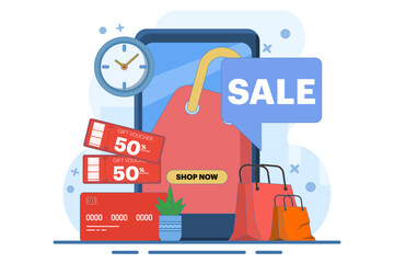 Concept of online shopping on smartphone. Big sale, special discount, social advertising. Mobile and digital marketing. Flat vector illustration for graphic elements, signs, symbols. Modern minimalist