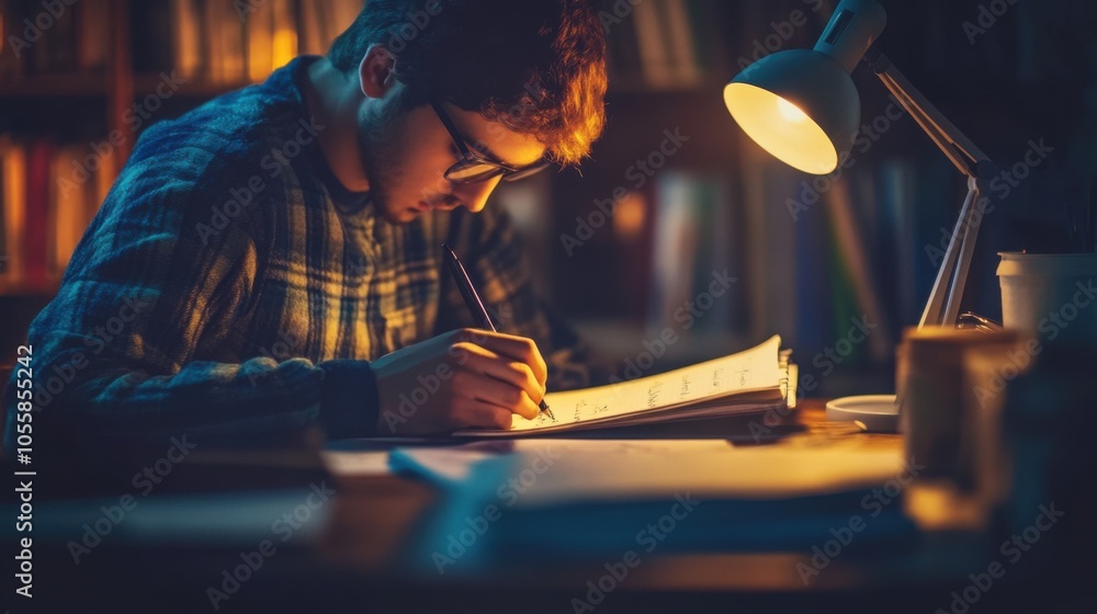 Poster a scene that captures the motivation and perseverance of a student working late into the night, illu