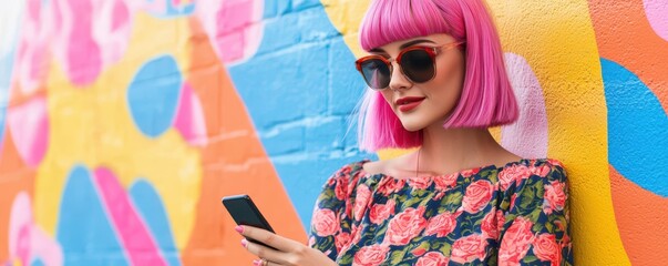 Woman with pink hair and sunglasses using phone in front of colorful wall.