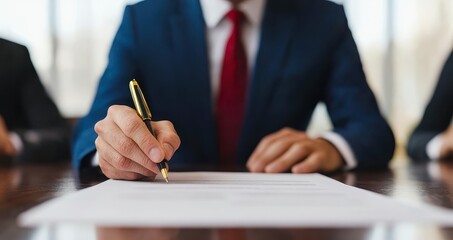 A close-up shot of a formal document being signed with a black pen on a wooden desk, surrounded by scattered papers and office supplies