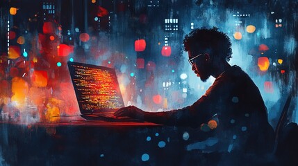 Watercolor Painting of Black Man Programmer Working on Glowing Code at Night
