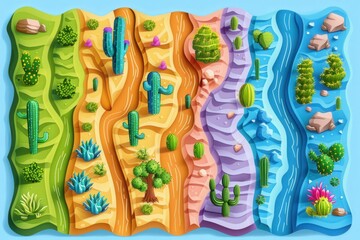 Obraz premium A colorful illustration of a desert landscape with a variety of cacti