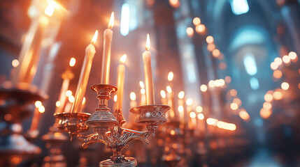 Lit candles on a golden candelabrum in a church setting.