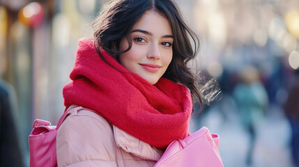 Beautiful brunette woman in a pink jacket, in a red scarf, and a pink bag.