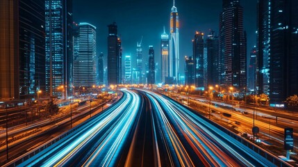 Obraz premium Futuristic cityscape with glowing skyscrapers and smart transport networks, symbolizing advanced urban living