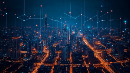 Obraz premium Futuristic cityscape with glowing skyscrapers and smart transport networks, symbolizing advanced urban living