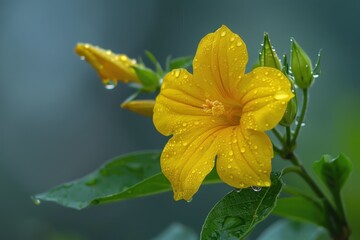 Solitary yellow flower with raindrops Mirabilis jalapa