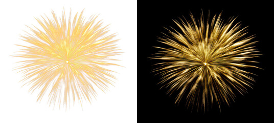 Golden fireworks burst isolate on transparent and black background, cutout, png