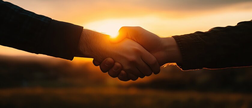 A handshake in front of a sunset, symbolizing the promise of a new beginning, sunset handshake, new promise