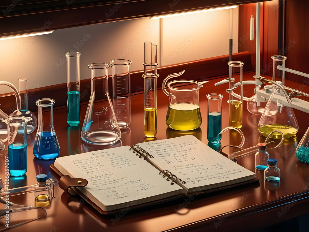 Aufkleber a laboratory scene featuring colorful liquids in glassware and an open notebook, suggesting scientif