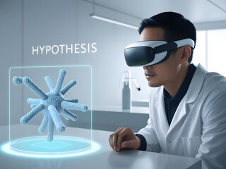 A scientist uses virtual reality to visualize a scientific hypothesis, interacting with a 3D model in a modern laboratory setting.