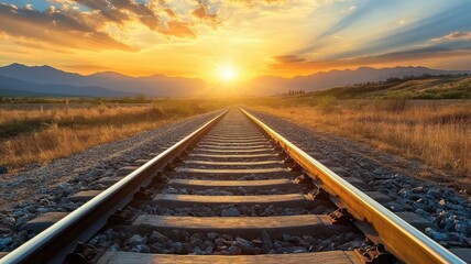 A photo of the train tracks in an open desert, with mountains in the background and a sunset sky.