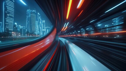 Fototapeta premium Motion blur effect, High-speed train, high speed, red and white color scheme, night scene, city background, wide-angle lens, fast shutter, bright lighting, modern style, dynamic feel.