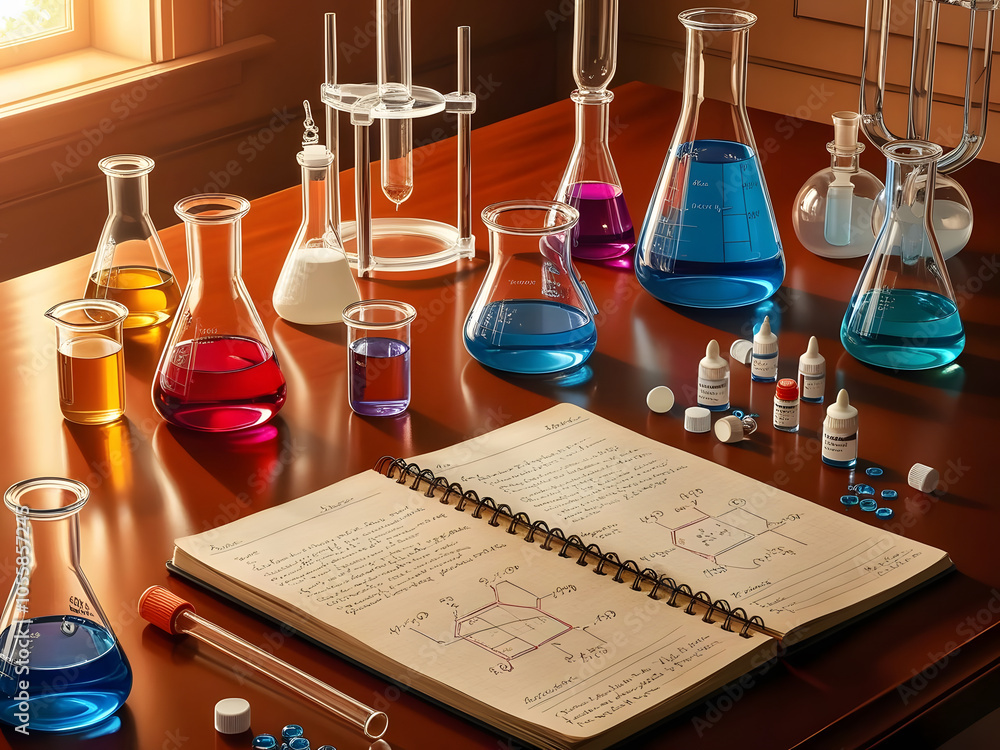 Aufkleber A vibrant display of laboratory glassware filled with colorful liquids, accompanied by an open notebook featuring scientific notes and calculations.