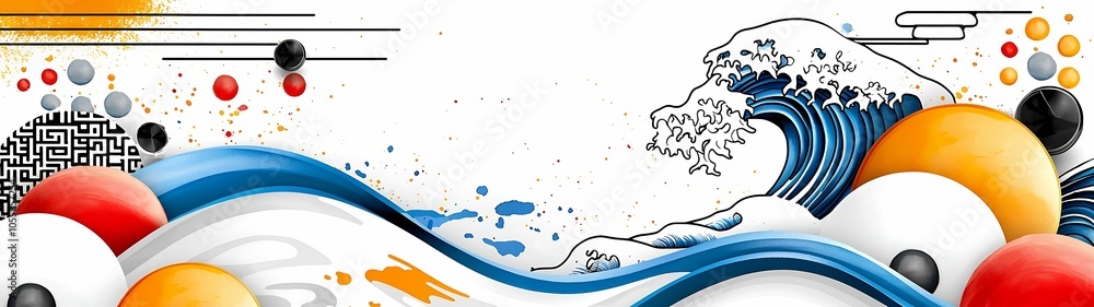 Poster dynamic waves and geometric shapes a vibrant fusion of nature and abstract art in modern design