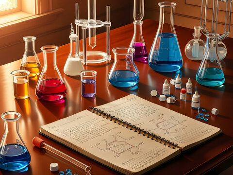 A vibrant display of laboratory glassware filled with colorful liquids, accompanied by an open notebook featuring scientific notes and calculations.