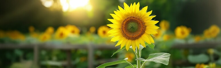 Fototapeta premium A sunflower field bathed in warm sunset light with a single vibrant bloom standing in the foreground