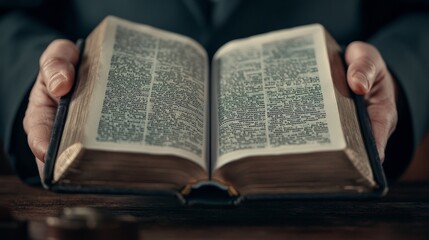 Obraz premium Hands Holding Open Old Book with Text