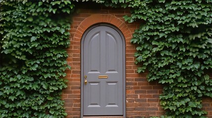 The photo captures a grey arched front door surrounded by vibrant greenery, adding texture and depth to the red brick wall, reflecting classic English architectural style