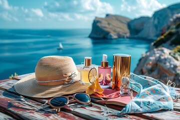 A stylish beach setup with accessories and a scenic ocean view.