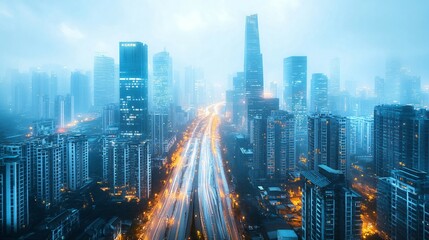 Obraz premium Futuristic cityscape with skyscrapers and roads symbolizes sustainable urban planning 