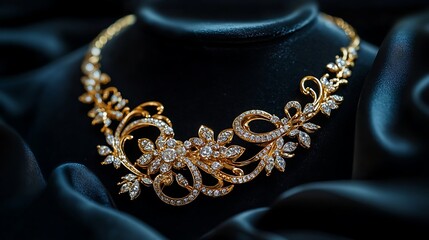 A close-up of a gold necklace with diamond accents placed against a black velvet background