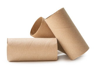 Side view of tissue paper cores or toilet paper tubes in stack isolated on white background with clipping path