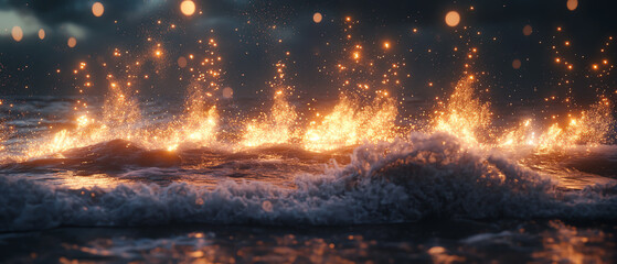 Spectacular display of bright firecrackers exploding over ocean waves at night captivates viewers with stunning light reflections