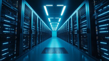 Fototapeta premium Data center corridor with illuminated servers