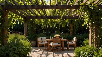 A cozy  pergola covered in climbing vines offering a serene and peaceful outdoor setting with elegant seating arrangements and a calming natural atmosphere. generative.ai