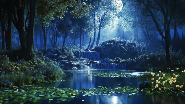 A serene waterfall cascades into a still pond under the glow of the moon, illuminating the lush forest at night