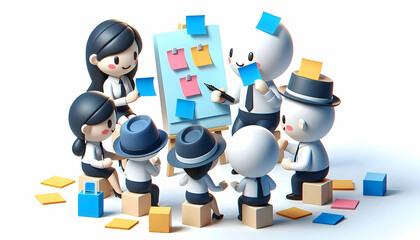 3D Colleagues Brainstorming Sticky Notes Candid Office Shot Team Collaboration Idea Generation Interaction Creativity Space for Text 3D Icon Isolated White Background