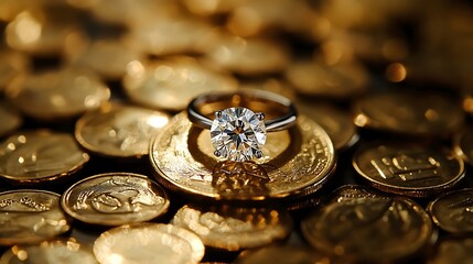 A diamond ring placed on a gold coin, reflecting light from multiple angles