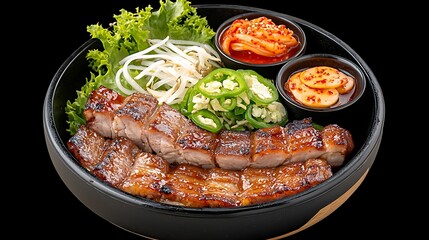 Delight in sizzling korean bbq a hearty dish with grilled pork fresh vegetables and spicy condiments