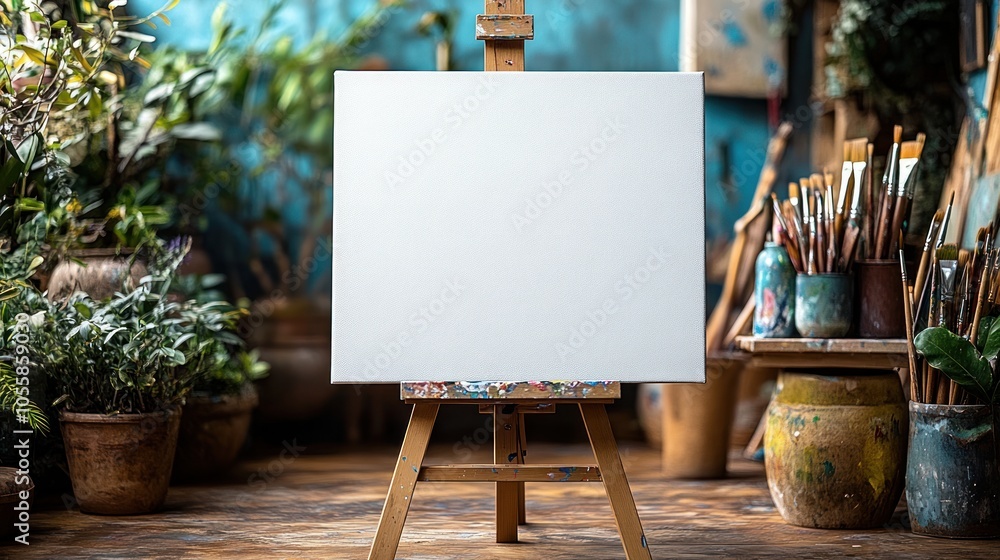 Poster blank canvas on an easel in an artistic studio setting.