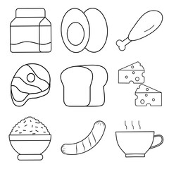 Breakfast menu icon set. Milk, egg, chicken, meet, bread, cheese, rice, sausage and tea or coffee