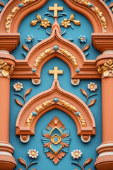 Fototapeta premium Intricate details of a Russian Orthodox church, with golden crosses and floral motifs.