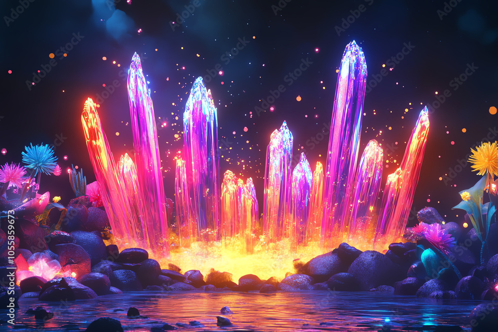 Poster vibrant firecracker display illuminating the night sky with magical colors and sparkling crystals cr