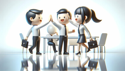 3D Colleagues High-Fiving Success Meeting Glossy Background - High Energy Teamwork Illustration with Copy Space for Headline or Promotional Text, Joy and Collaboration Visuals in 3D Icon Style