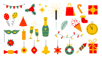 Set of New Year party decoration elements. Hand drawn stickers  for greeting card, poster.  Flat vector isolated on white background