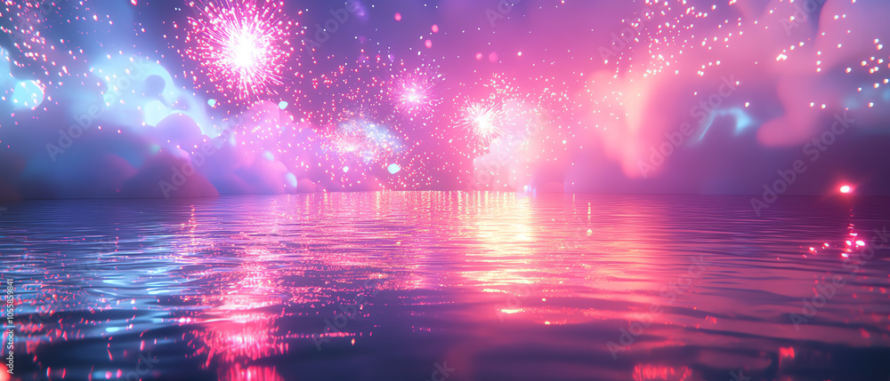Poster vibrant firecracker explosions over the river a captivating display of colorful reflections illumina