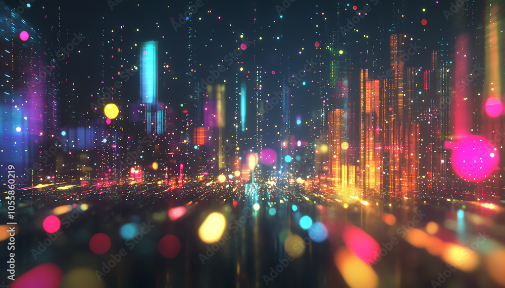 Poster vibrant firecracker spark trails illuminating a futuristic cityscape in rainbow hues creating a dyna